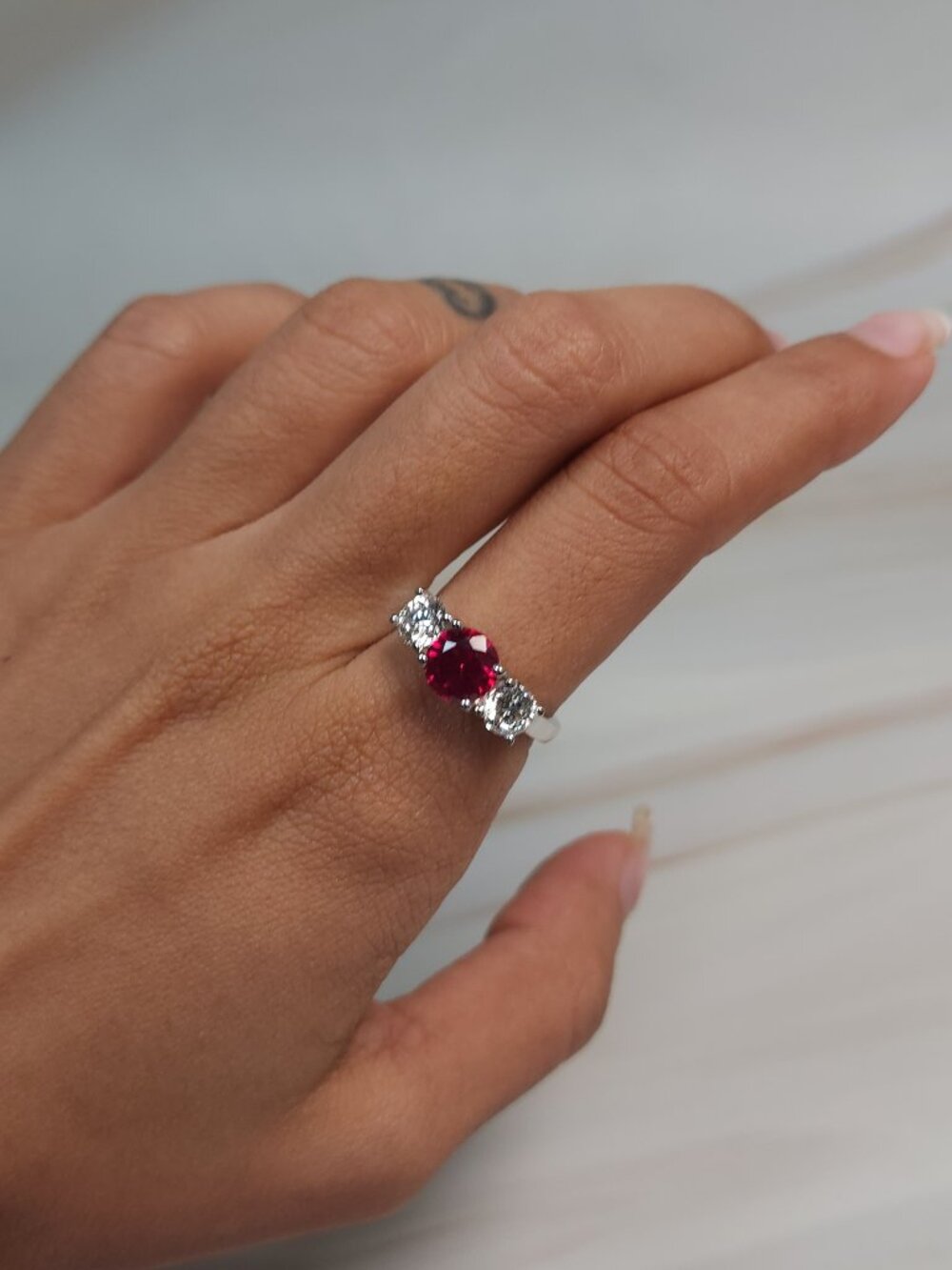 Created Ruby & 1Ct Lab Grown Diamond Round ring .925 Sterling Silver